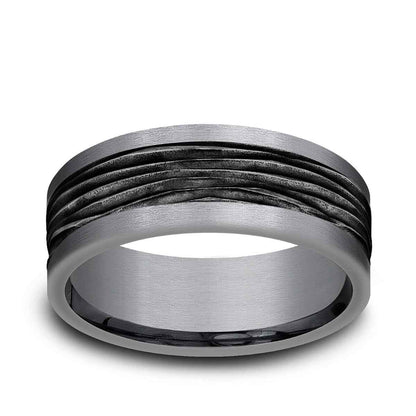 Benchmark Men's 8mm Tantalum Horizontal Bark with Black Center Wedding Band
