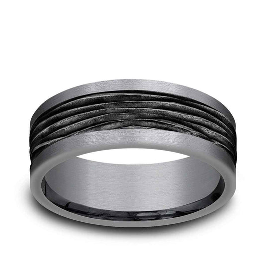 Benchmark Men's 8mm Tantalum Horizontal Bark with Black Center Wedding Band