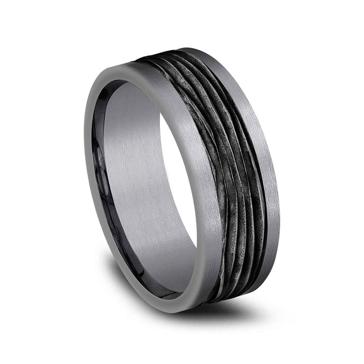 Benchmark Men's 8mm Tantalum Horizontal Bark with Black Center Wedding Band front view