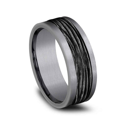 Benchmark Men's 8mm Tantalum Horizontal Bark with Black Center Wedding Band front view