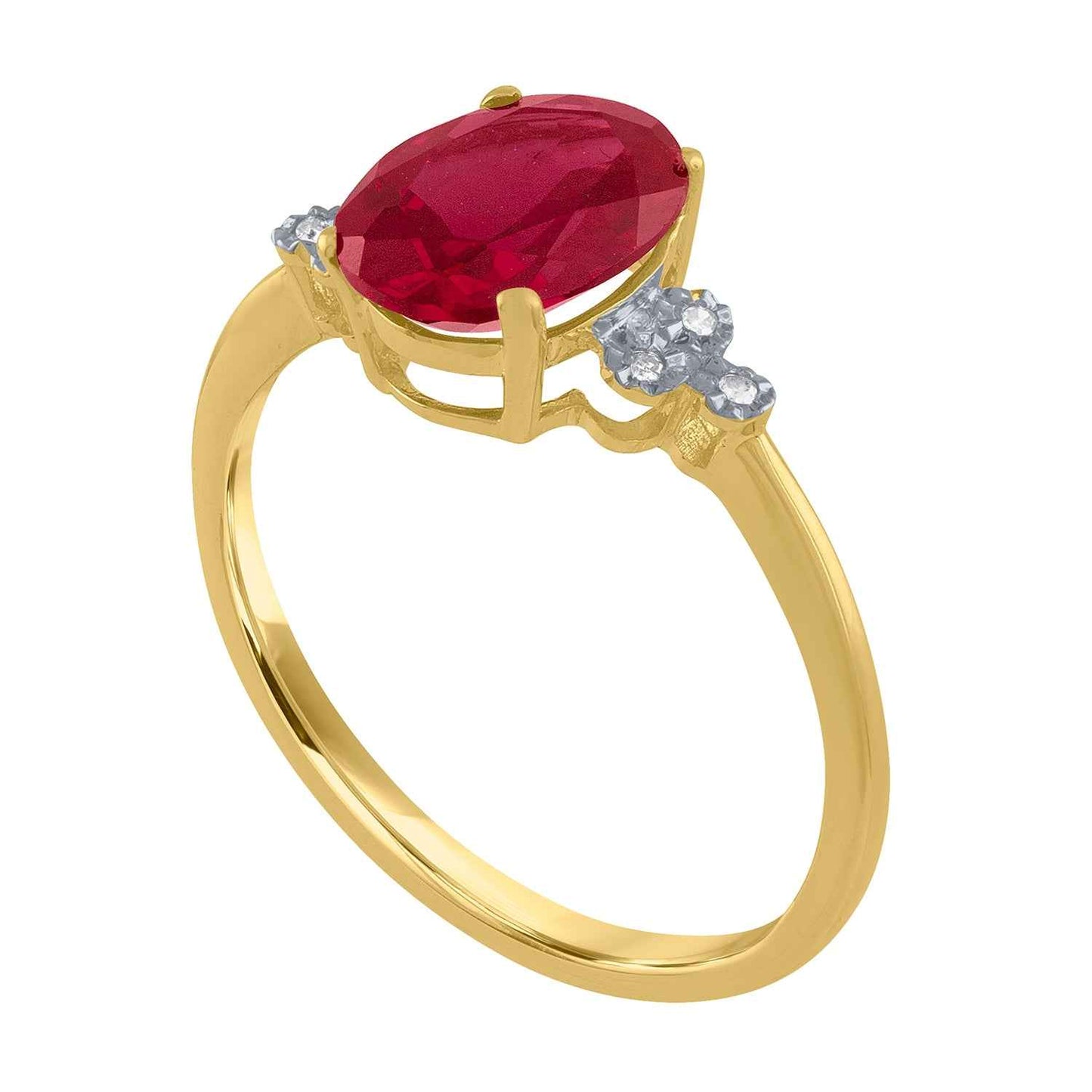 Created Oval Ruby and .018 Miracle Plated Diamond Ring in 10K Yellow Gold front view