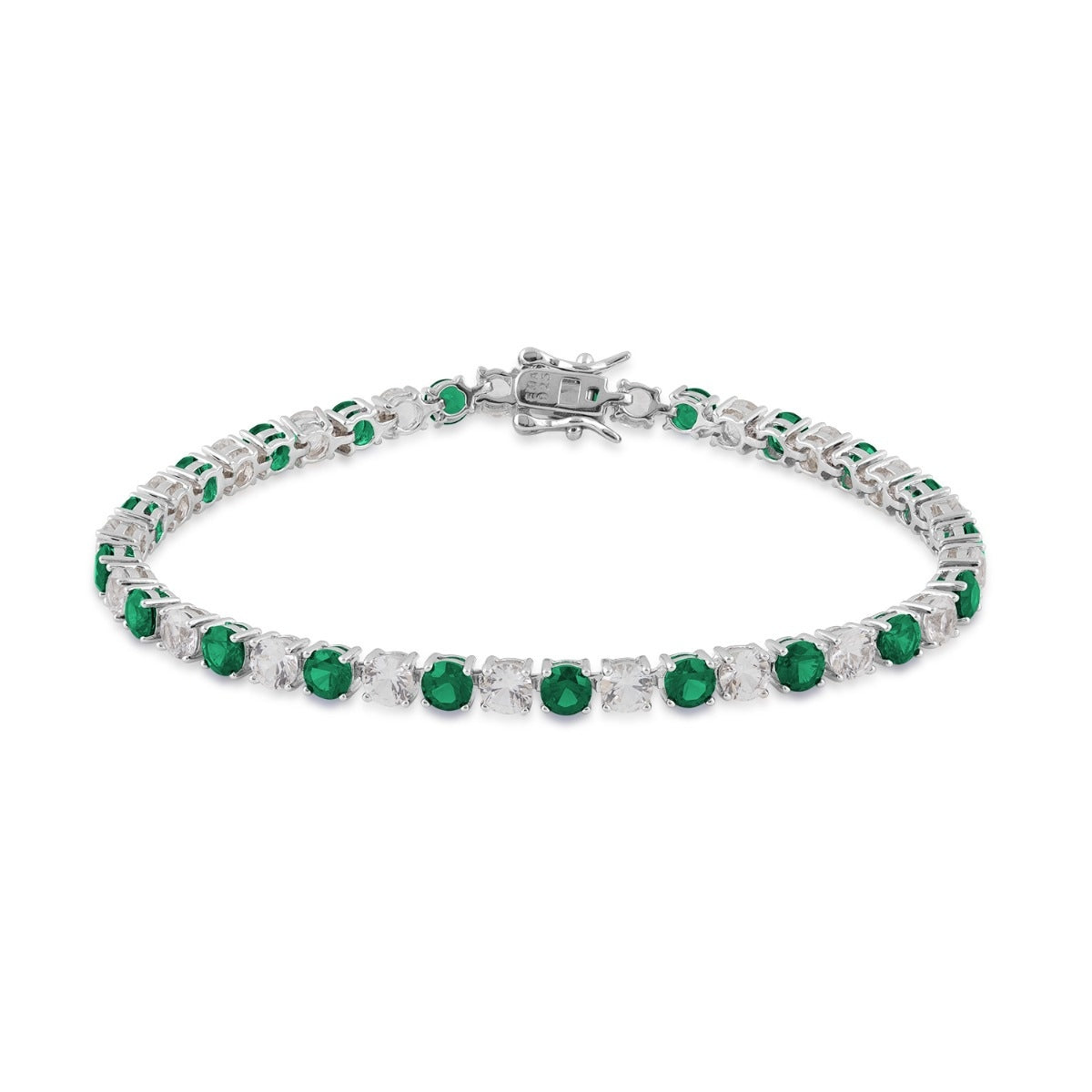 Created Round Emerald & White Sapphire 7.5-inch Tennis Bracelet in Sterling Silver