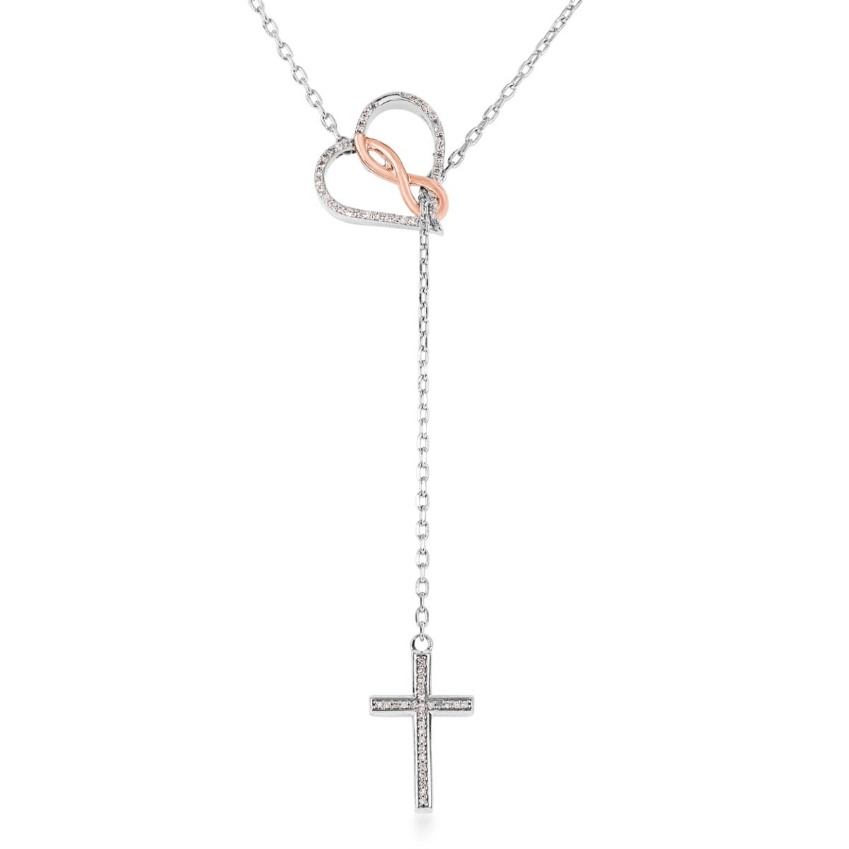 Infinite Love 1/6 ct. tw. Diamond Infinity Heart and Cross Lariat Necklace in Sterling Silver and 10K Pink Gold