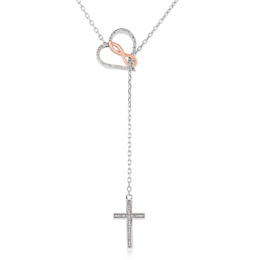 Infinite Love 1/6 ct. tw. Diamond Infinity Heart and Cross Lariat Necklace in Sterling Silver and 10K Pink Gold