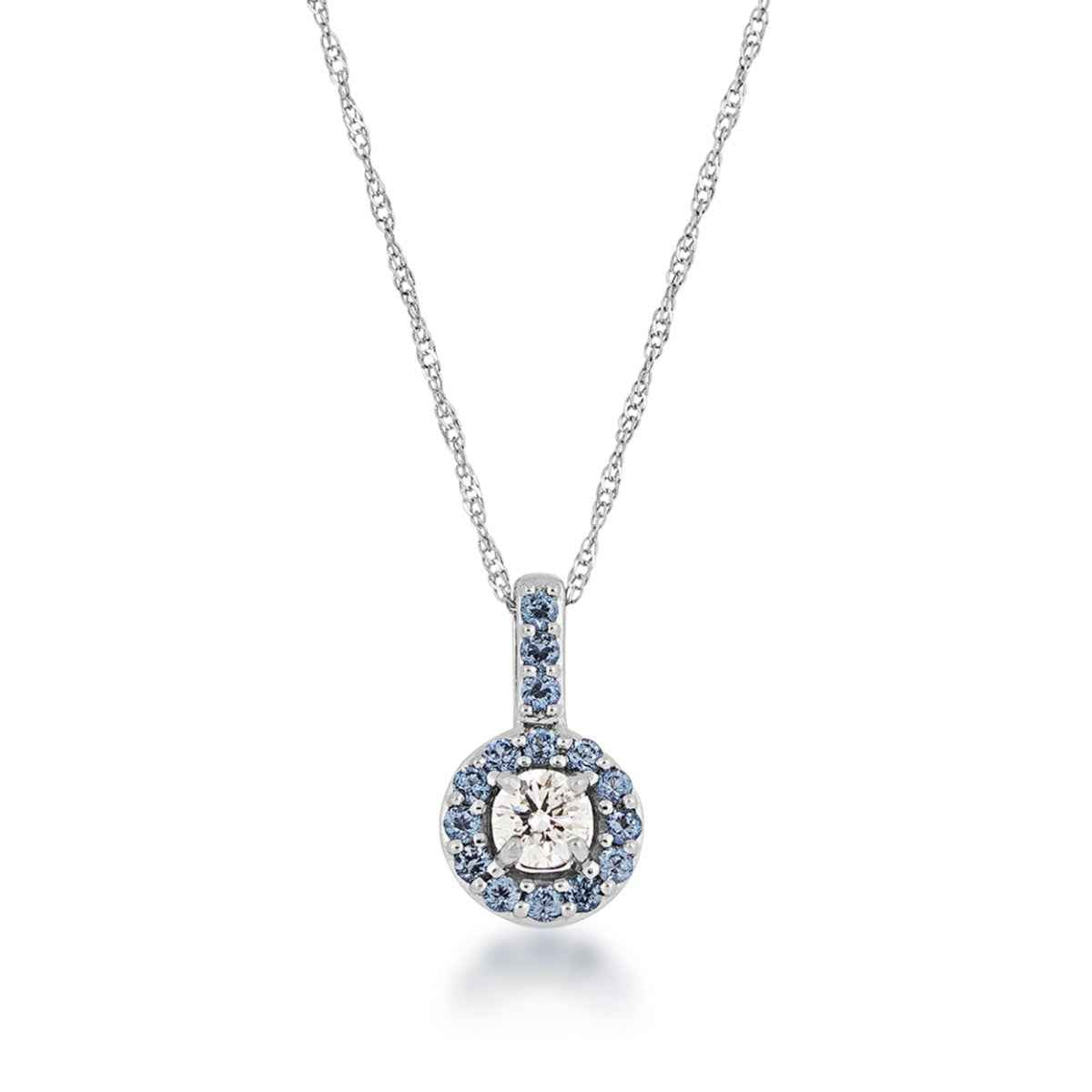 1/6 ct. tw. Round Diamond Yogo Sapphire Halo Pendant in 10K White Gold