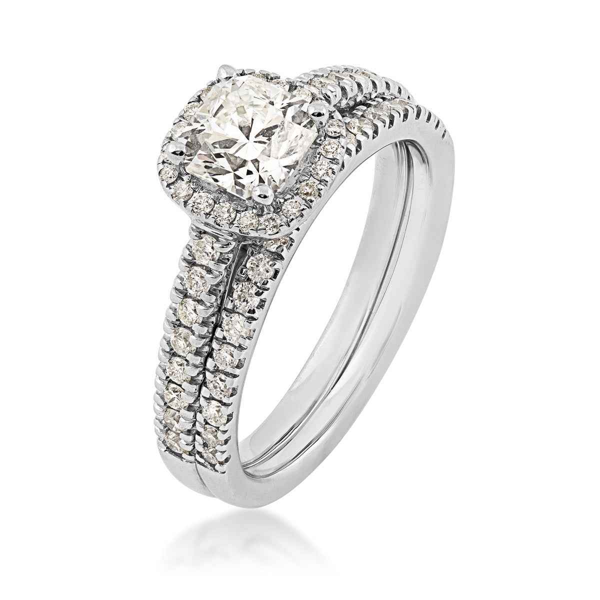 Natural 1-1/2 ct. tw. Cushion Diamond Halo Wedding Set in 14K White Gold front view (2)