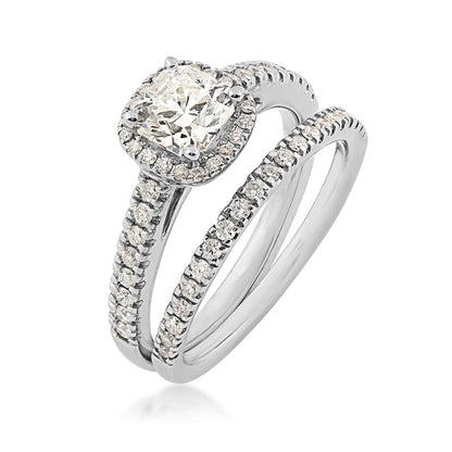 Natural 1-3/8 ct. tw. Cushion Diamond Halo Wedding Set in 14K White Gold close-up detail