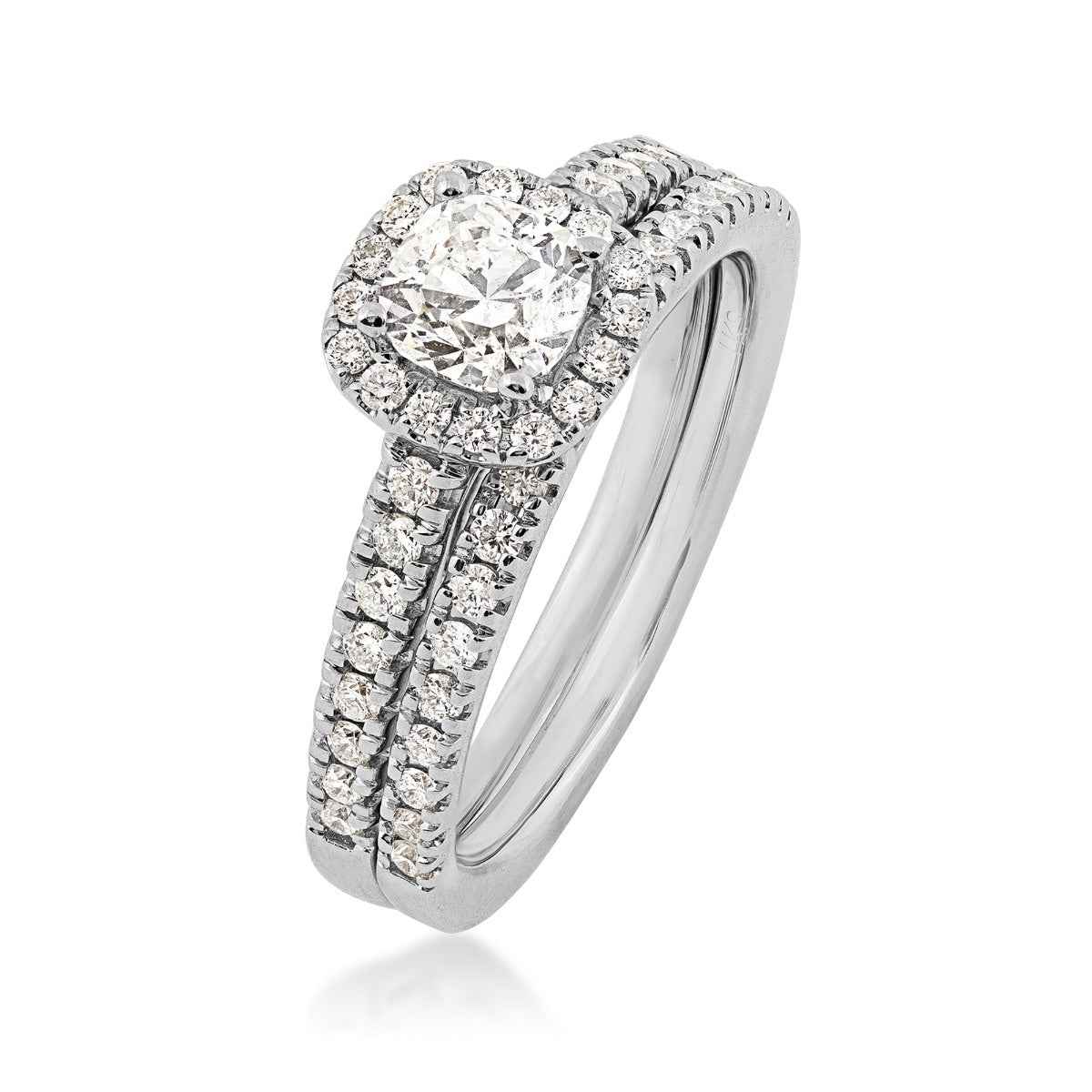 Natural 1-1/4 ct. tw. Cushion Diamond Halo Wedding Set in 14K White Gold front view