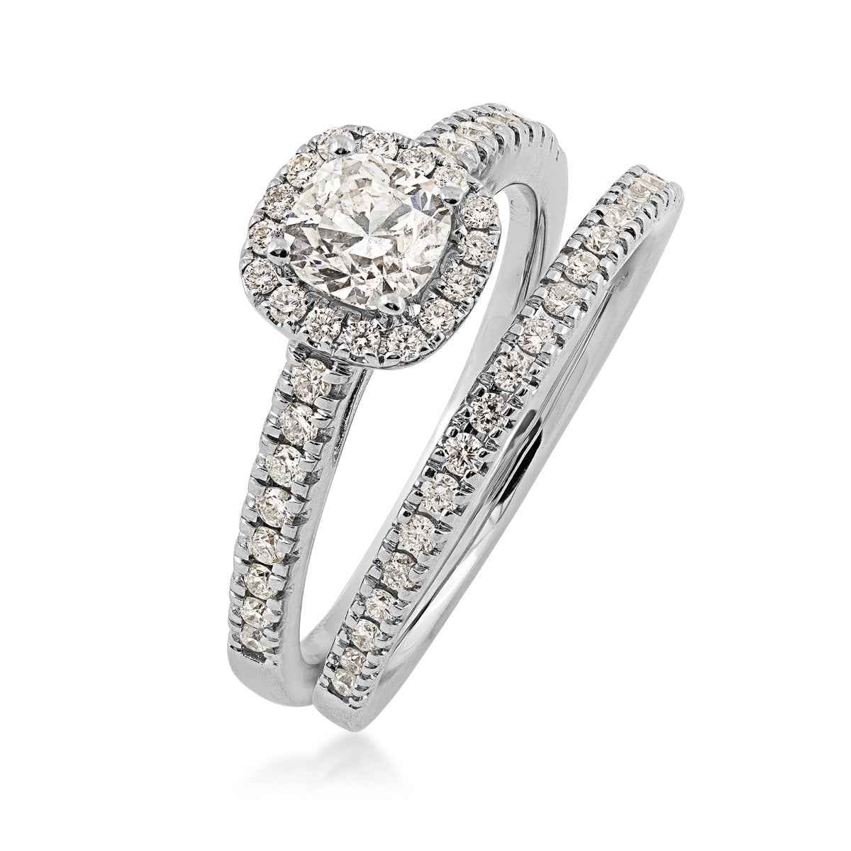 Natural 1-1/4 ct. tw. Cushion Diamond Halo Wedding Set in 14K White Gold close-up detail