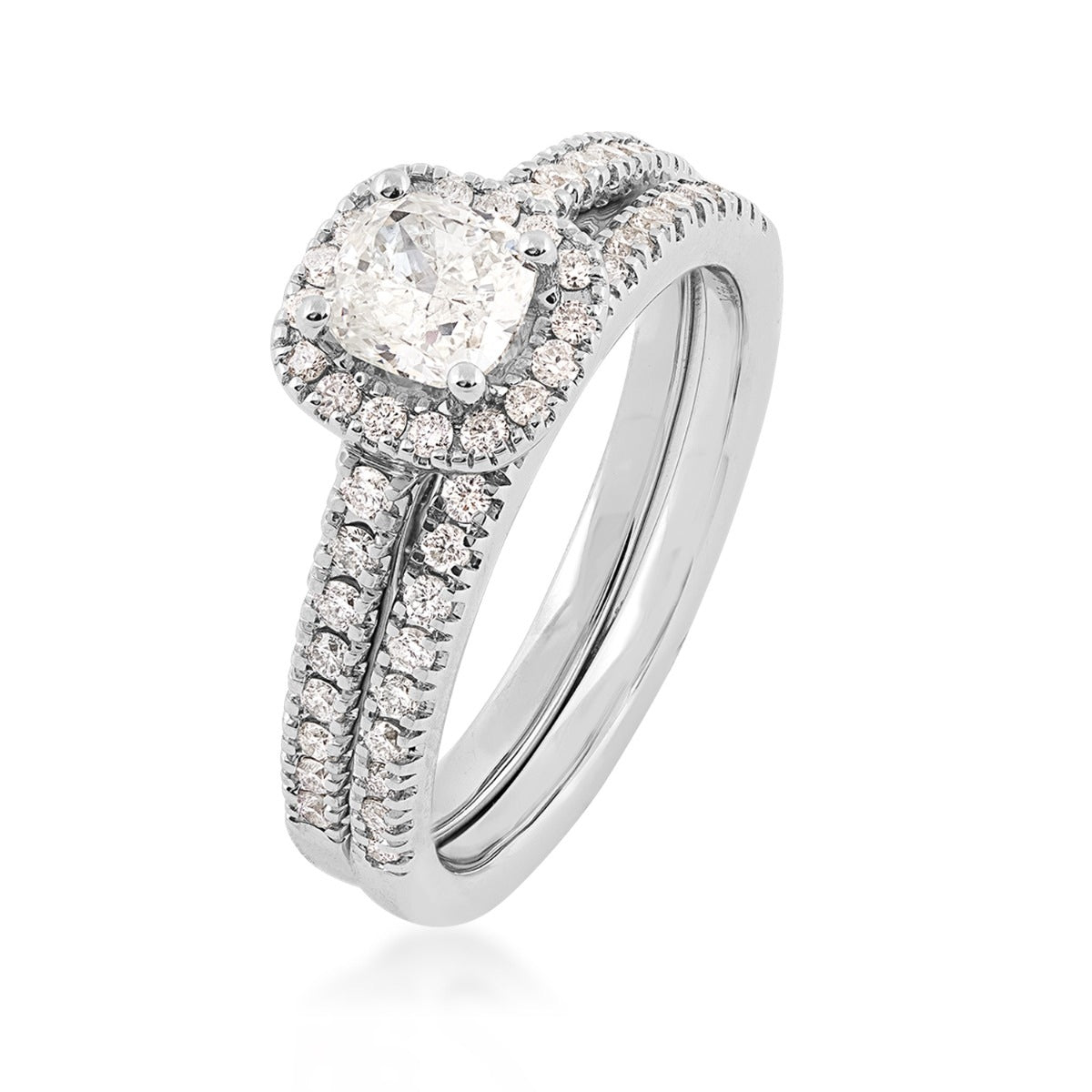 Natural 1-1/4 ct. tw. Cushion Diamond Halo Wedding Set in 14K White Gold front view (2)