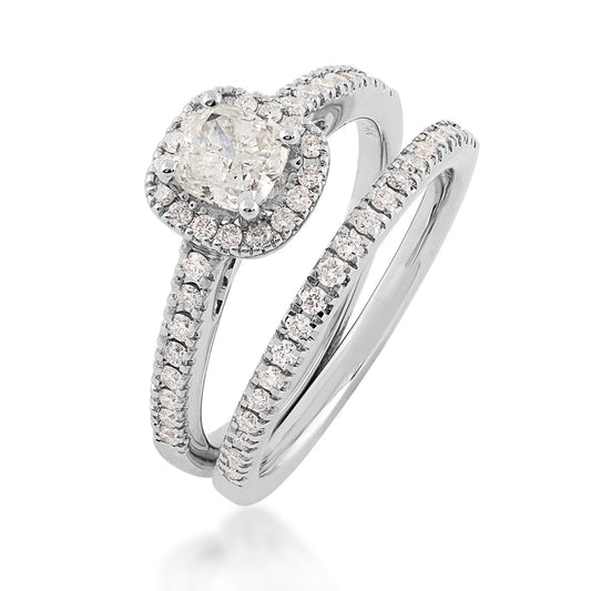 Natural 1-1/4 ct. tw. Cushion Diamond Halo Wedding Set in 14K White Gold close-up detail (2)