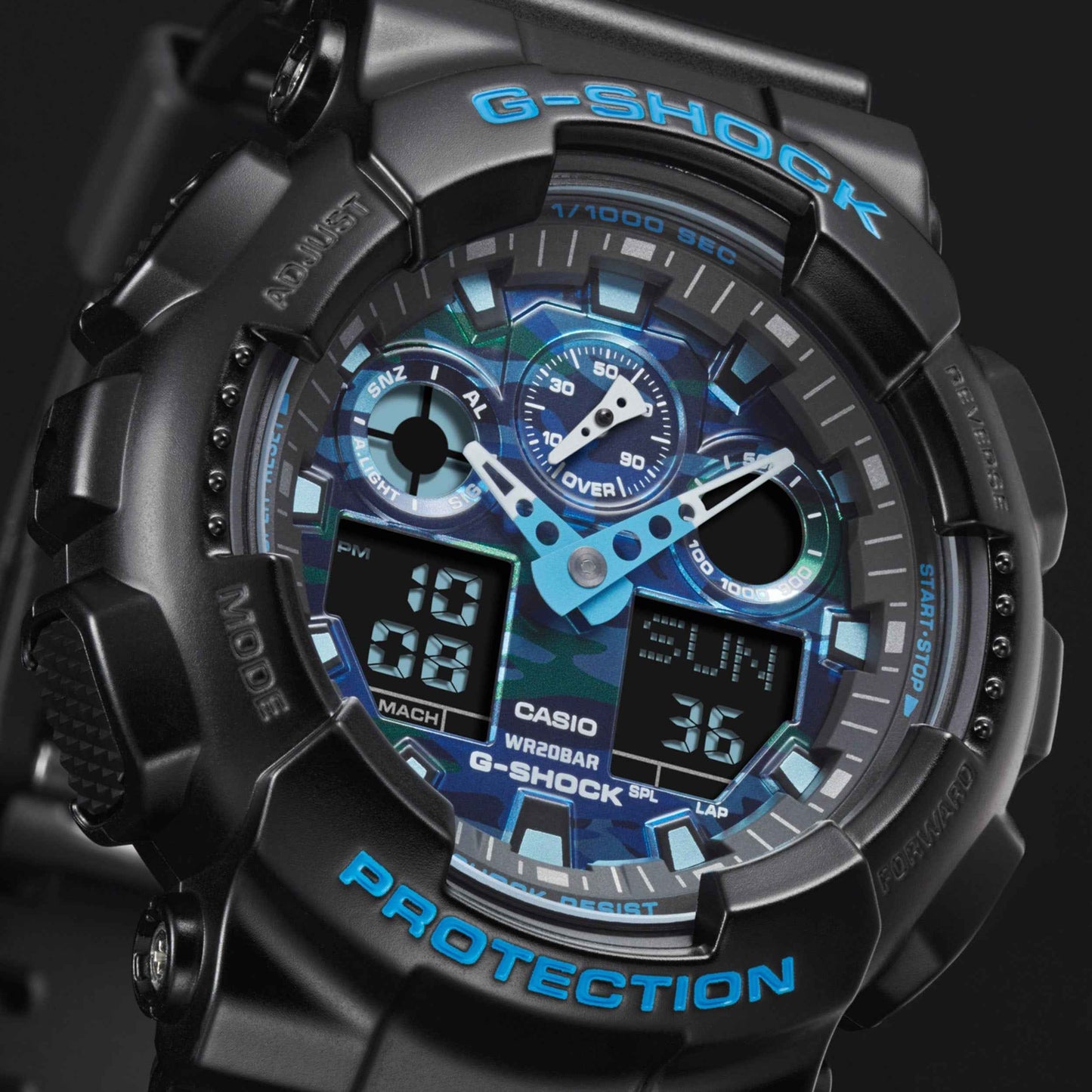 G-Shock Men's Extra Large Black and Blue Camo Dial Watch front view
