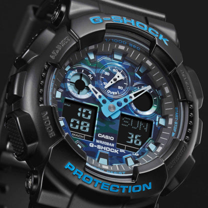 G-Shock Men's Extra Large Black and Blue Camo Dial Watch front view
