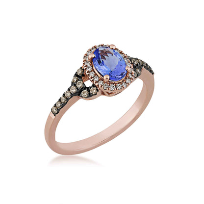 Oval Tanzanite and 1/4 ct. tw. Mocha and White Diamond Fashion Ring in 10K Pink Gold front view