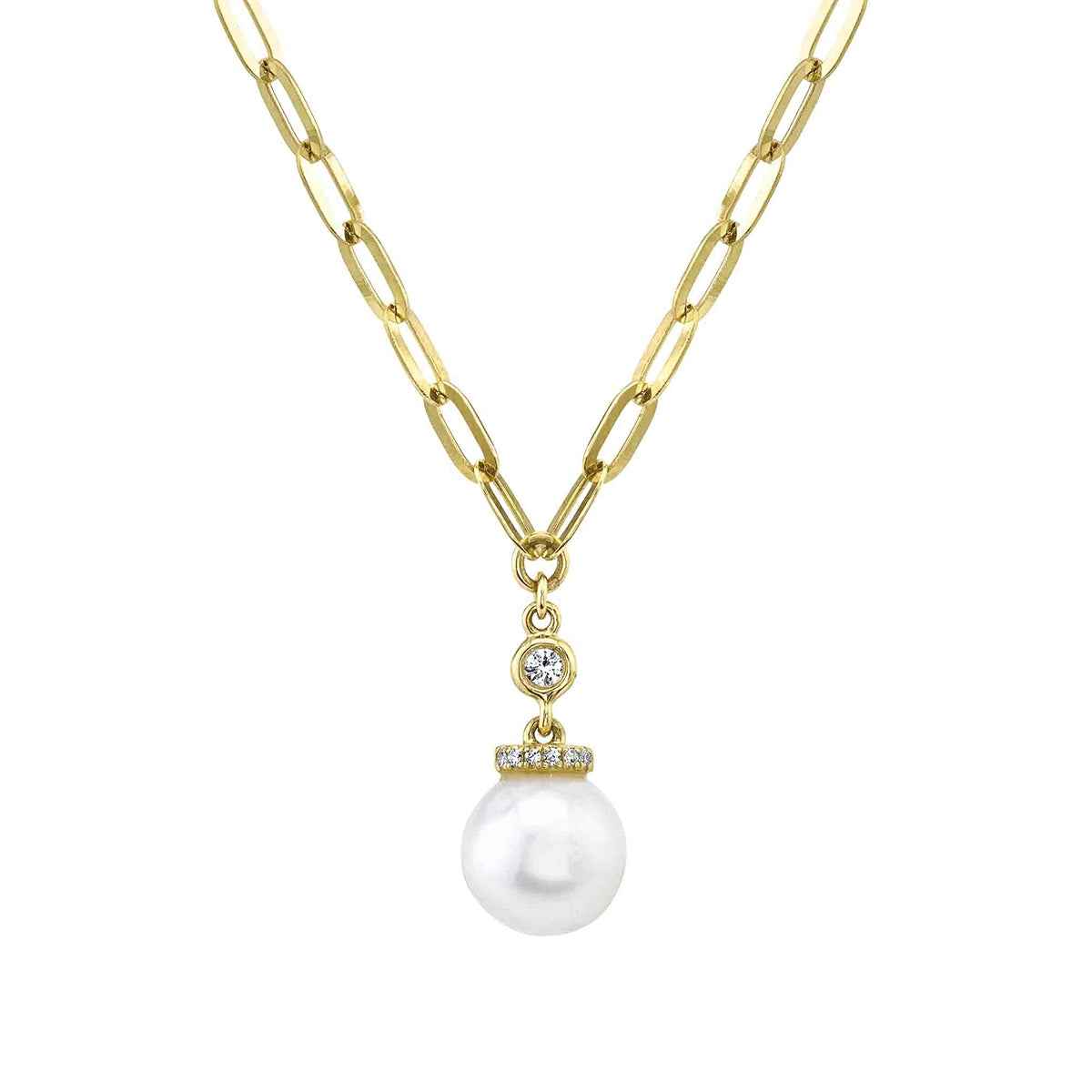 Shy Creation Cultured Pearl & 1/20 ct. tw. Diamond Paperclip Chain Necklace in 14K Yellow Gold