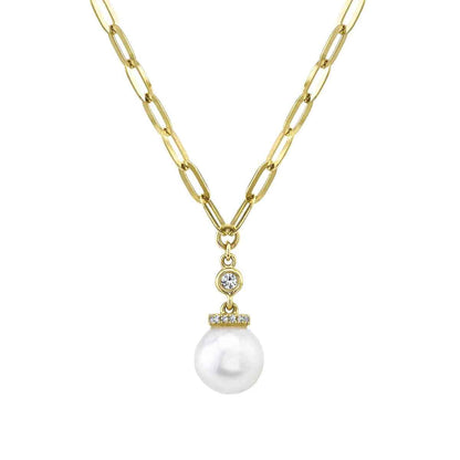 Shy Creation Cultured Pearl & 1/20 ct. tw. Diamond Paperclip Chain Necklace in 14K Yellow Gold
