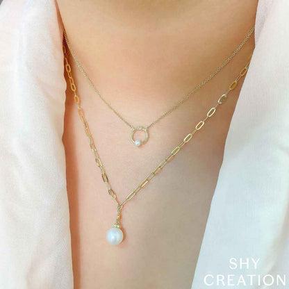 Shy Creation Cultured Pearl & 1/20 ct. tw. Diamond Paperclip Chain Necklace in 14K Yellow Gold front view
