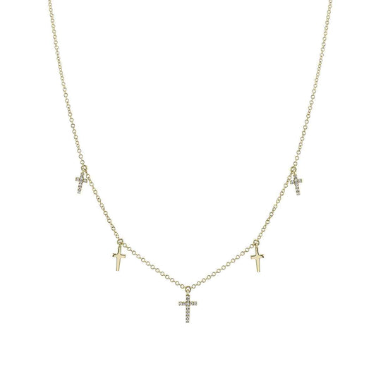 Shy Creation 1/10 ct. tw. Diamond Cross Station Necklace in 14K Yellow Gold