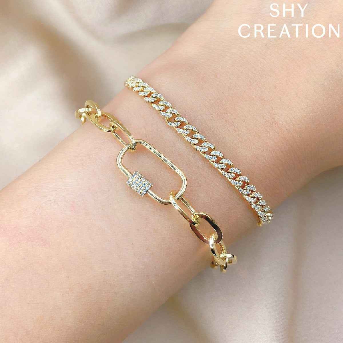 Shy Creation 1/4 ct. tw. Diamond Carabiner Clasp Paperclip Chain Bracelet in 14K Yellow Gold front view