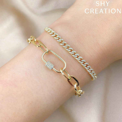 Shy Creation 1/4 ct. tw. Diamond Carabiner Clasp Paperclip Chain Bracelet in 14K Yellow Gold front view