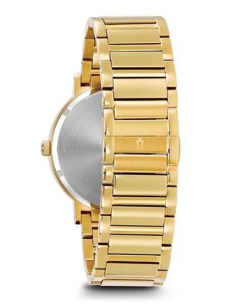 Bulova Modern Collection Men's Black Dial Watch with 3 Diamond Accent in Gold-Tone Stainless Steel close-up detail
