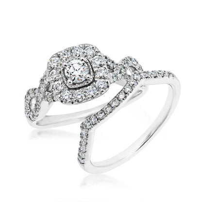 Natural 1 ct. tw. Round Brilliant Diamond Halo Twist Wedding Set in 10K White Gold close-up detail