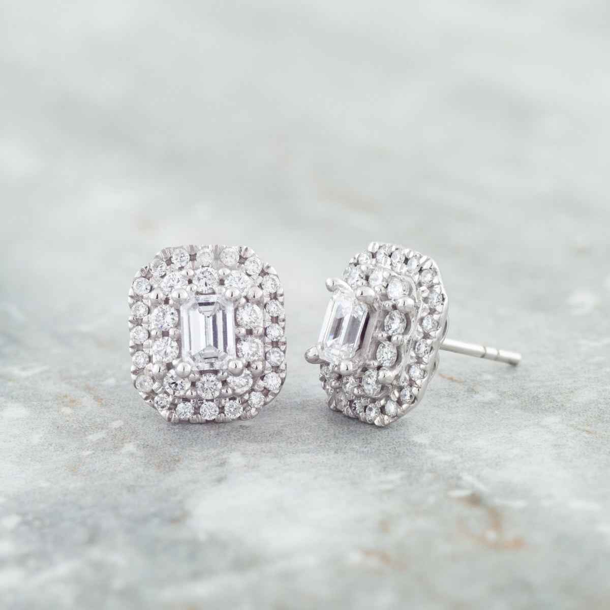 Adamante 1 ct. tw. Lab-Grown Emerald Cut Diamond Double Halo Earrings in 14K White Gold close-up detail
