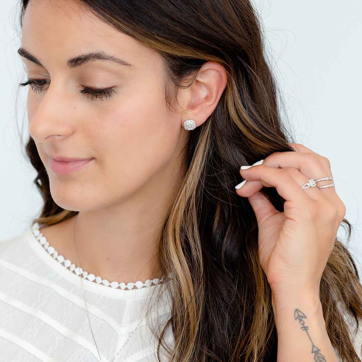 Adamante 1 ct. tw. Lab-Grown Emerald Cut Diamond Double Halo Earrings in 14K White Gold front view