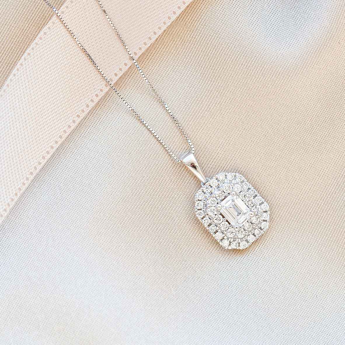 Adamante 1 ct. tw. Lab-Grown Emerald Cut Diamond Double Halo Pendant in 14K White Gold front view