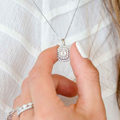 Adamante 1 ct. tw. Lab-Grown Emerald Cut Diamond Double Halo Pendant in 14K White Gold close-up detail