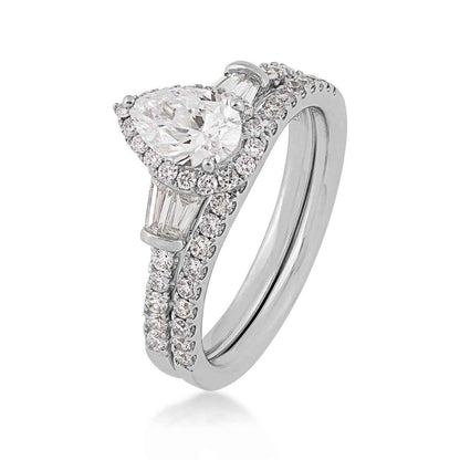 Adamante 1-1/2 ct. tw. Lab-Grown Pear & Baguette Diamond Halo Wedding Set in 14K White Gold front view