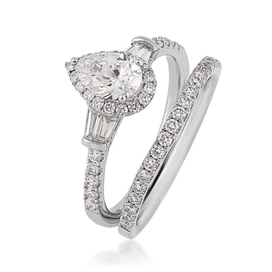 Adamante 1-1/2 ct. tw. Lab-Grown Pear & Baguette Diamond Halo Wedding Set in 14K White Gold close-up detail