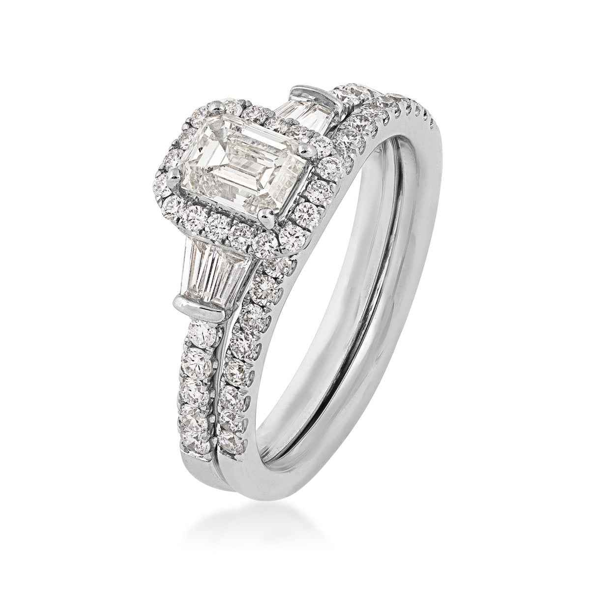 Adamante 1-1/2 ct. tw. Lab-Grown Emerald Cut Diamond Halo Wedding Set in 14K White Gold front view