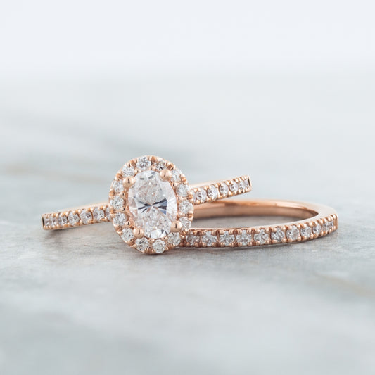 Natural 1 ct. tw. Oval Diamond Halo Wedding Set in 14K Pink Gold full view