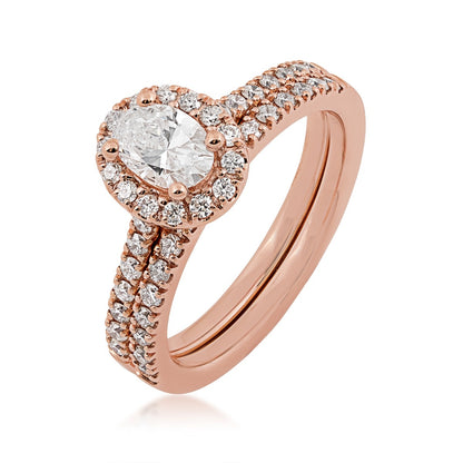 Natural 1 ct. tw. Oval Diamond Halo Wedding Set in 14K Pink Gold front view