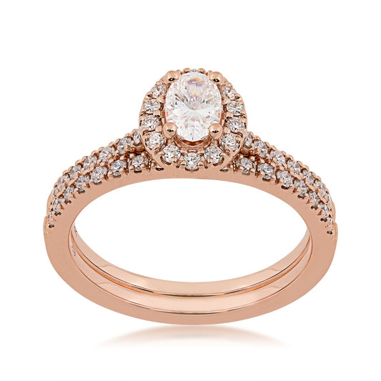 Natural 1 ct. tw. Oval Diamond Halo Wedding Set in 14K Pink Gold