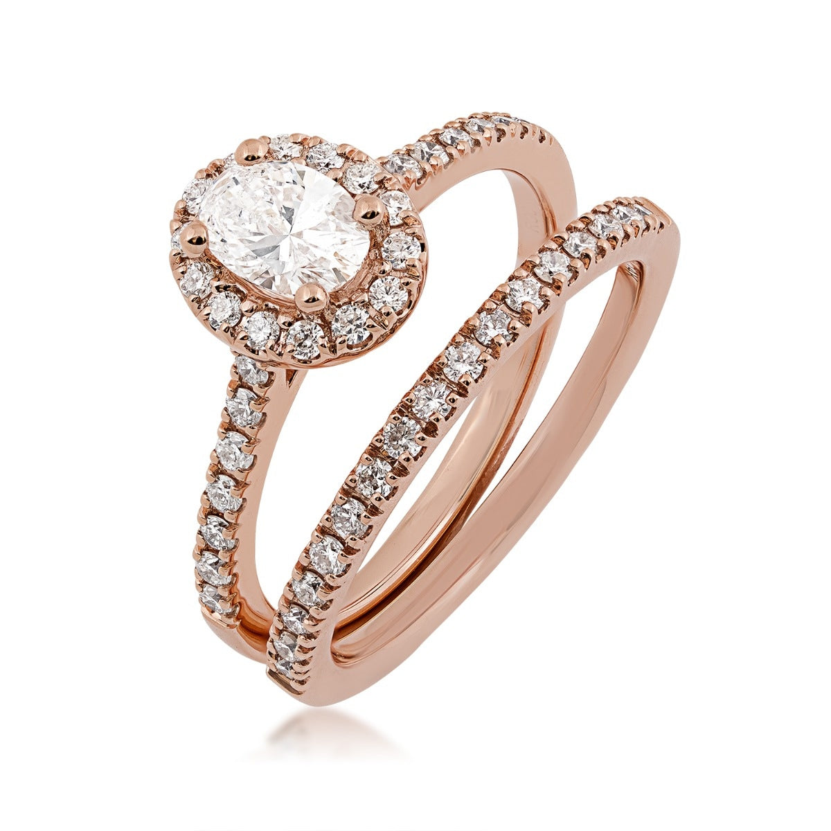 Natural 1 ct. tw. Oval Diamond Halo Wedding Set in 14K Pink Gold close-up detail