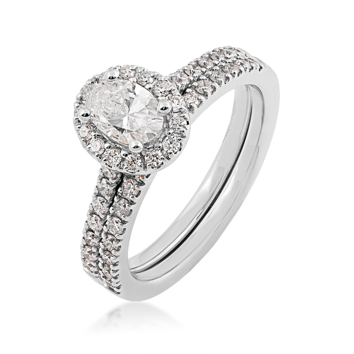 Natural 1 ct. tw. Oval Diamond Halo Wedding Set in 14K White Gold front view