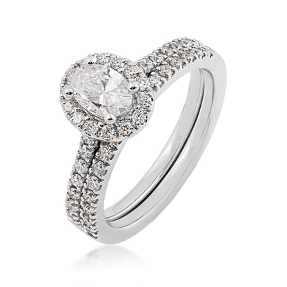 Natural 1 ct. tw. Oval Diamond Halo Wedding Set in 14K White Gold front view
