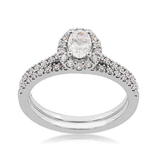 Natural 1 ct. tw. Oval Diamond Halo Wedding Set in 14K White Gold