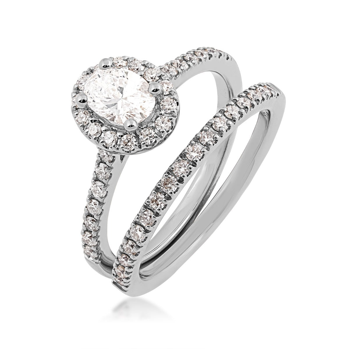 Natural 1 ct. tw. Oval Diamond Halo Wedding Set in 14K White Gold close-up detail