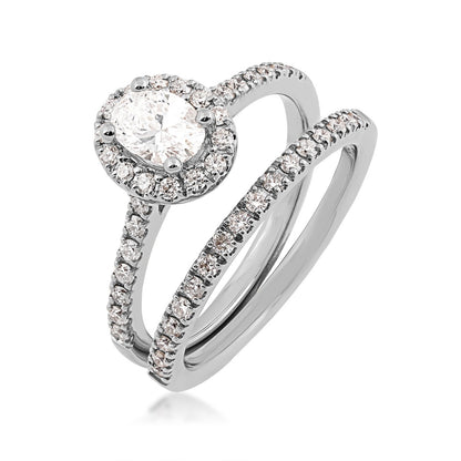 Natural 1 ct. tw. Oval Diamond Halo Wedding Set in 14K White Gold close-up detail