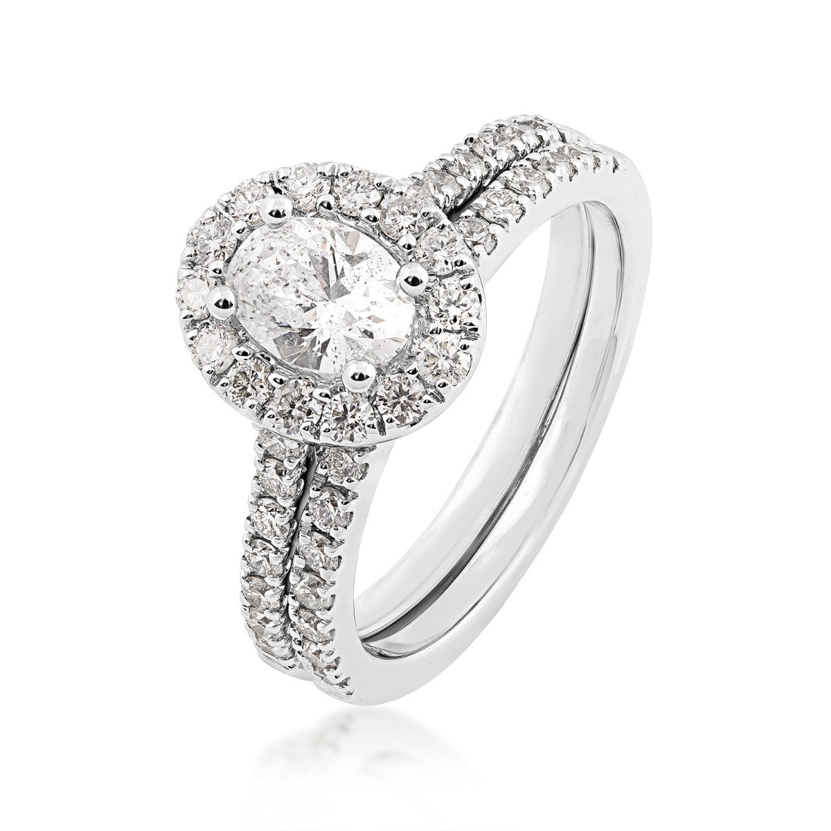 Natural 1-1/2 ct. tw. Oval Diamond Halo Wedding Set in 14K White Gold front view