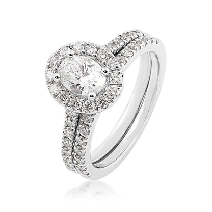 Natural 1-1/2 ct. tw. Oval Diamond Halo Wedding Set in 14K White Gold front view