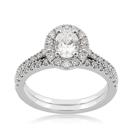 Natural 1-1/2 ct. tw. Oval Diamond Halo Wedding Set in 14K White Gold