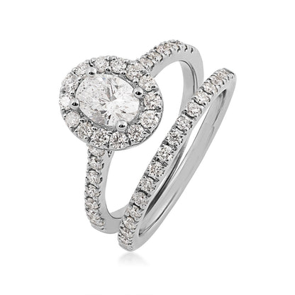 Natural 1-1/2 ct. tw. Oval Diamond Halo Wedding Set in 14K White Gold close-up detail
