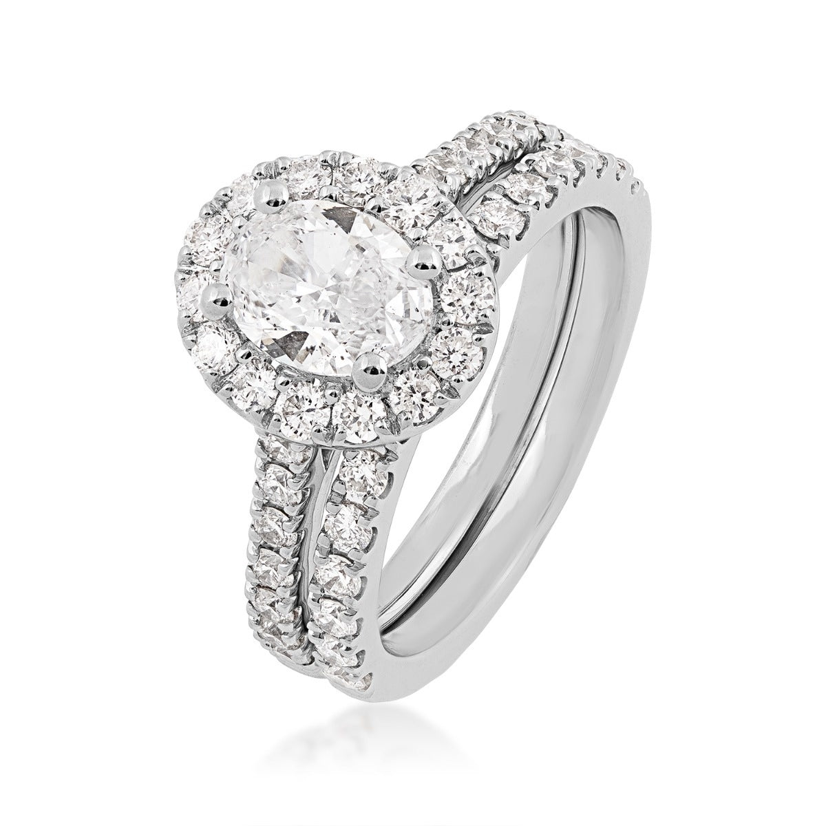 Natural 2 ct. tw. Oval Diamond Halo Wedding Set in 14K White Gold front view