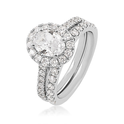 Natural 2 ct. tw. Oval Diamond Halo Wedding Set in 14K White Gold front view