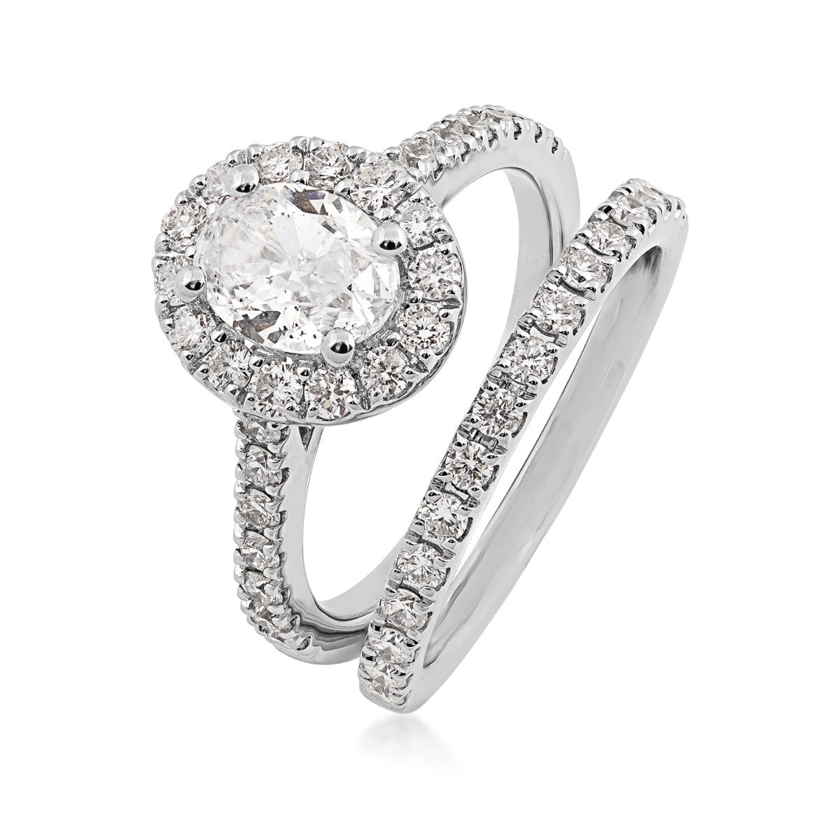 Natural 2 ct. tw. Oval Diamond Halo Wedding Set in 14K White Gold close-up detail