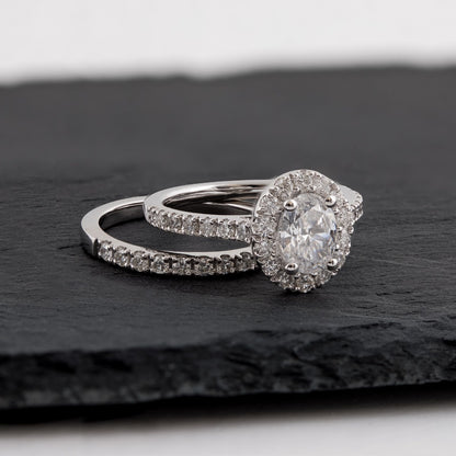 Natural 2 ct. tw. Oval Diamond Halo Wedding Set in 14K White Gold side profile